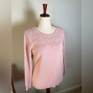 Embroidered Flower Detail Pink Karen Scott Sweater Cotton/Poly Blend, Large